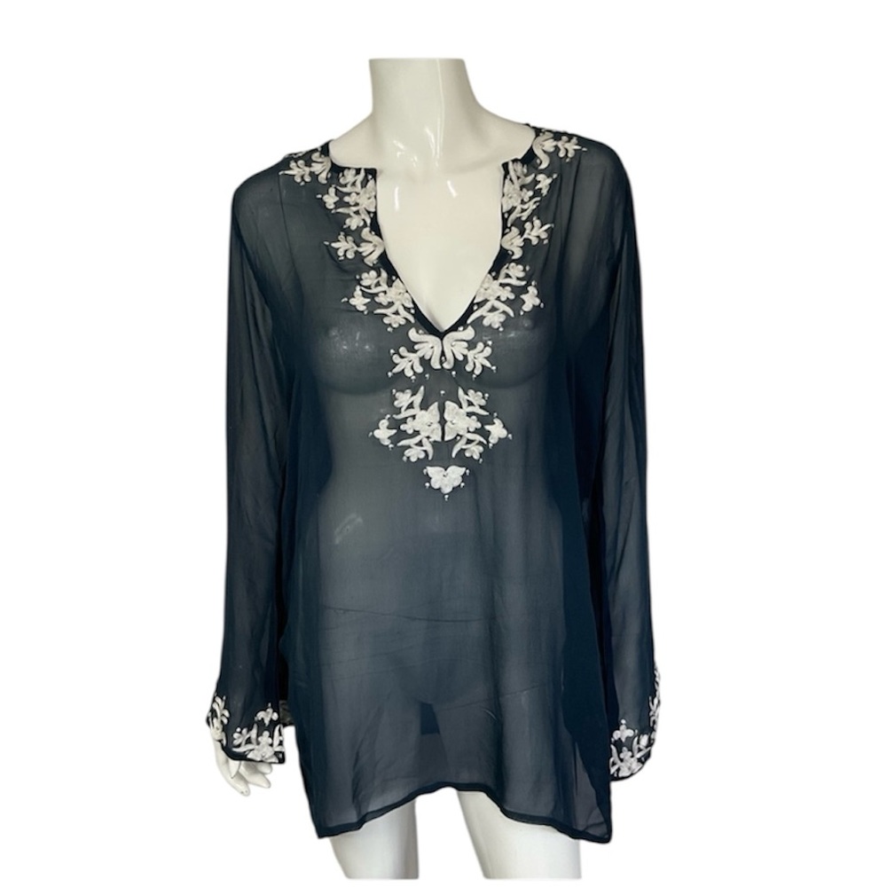 NEW Le Soleil Navy Blue Cream 100% Silk Sheer Long Sleeve Cover Up Dress Size S